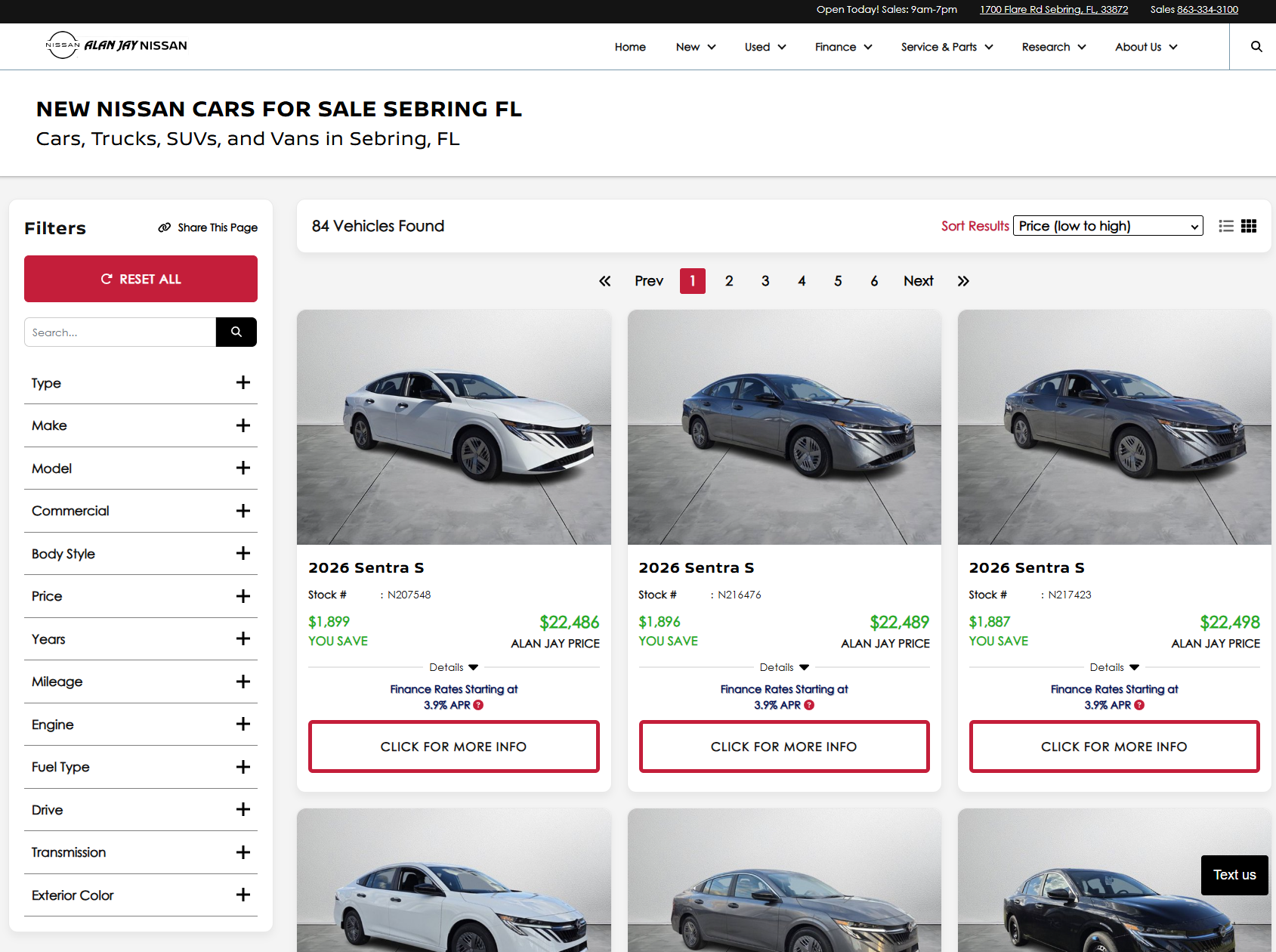 New Nissan inventory search results page with filters and pricing
