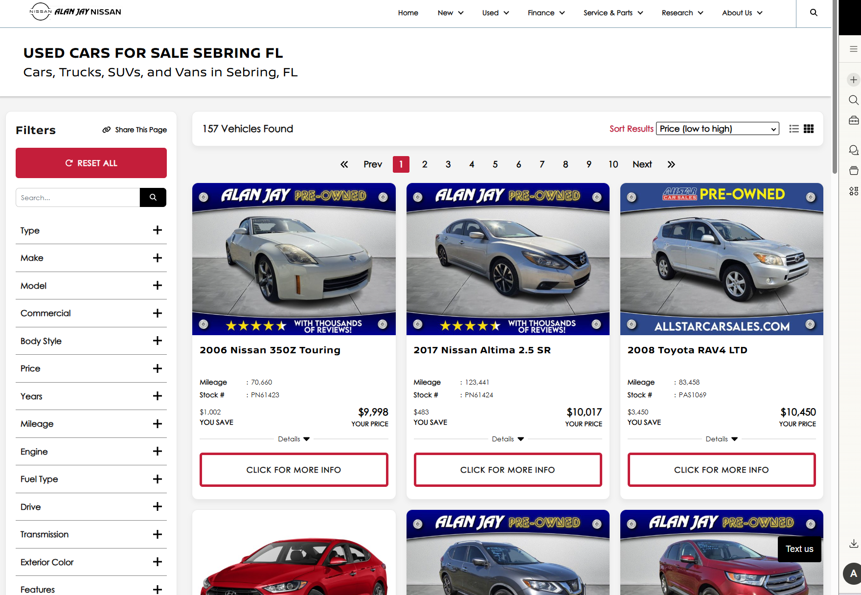 Used vehicle inventory page with detailed listings and pricing