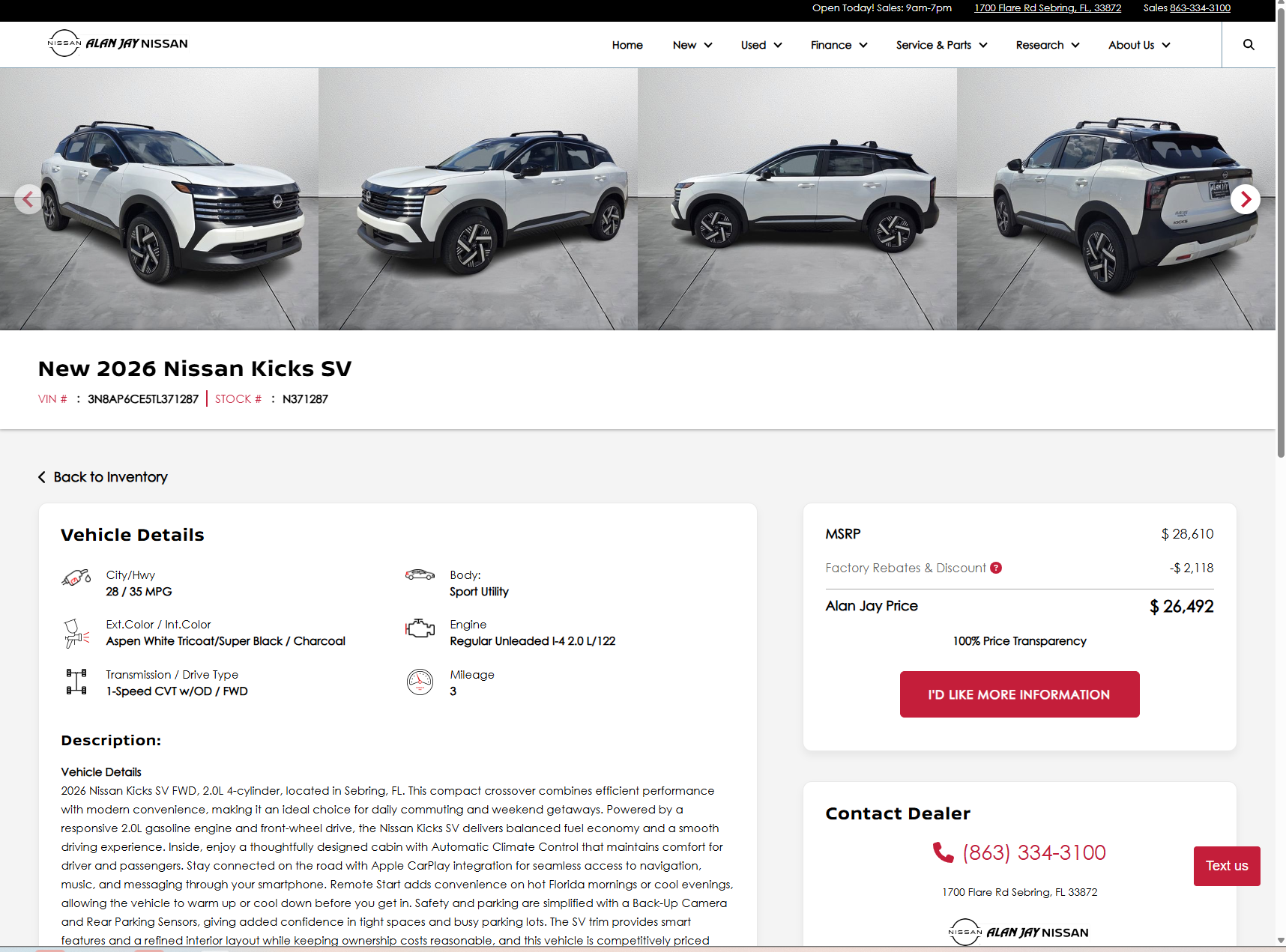 Vehicle detail page for a 2026 Nissan Kicks SV with specs and pricing