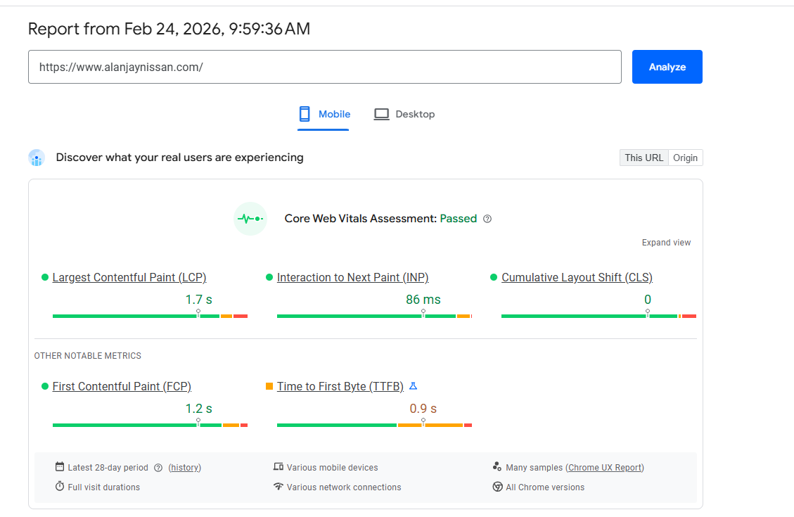 Google PageSpeed Insights showing Core Web Vitals Passed for Alan Jay Nissan website