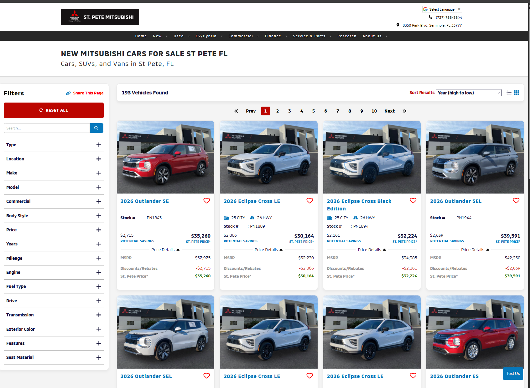 New Mitsubishi inventory search results page with filters and pricing
