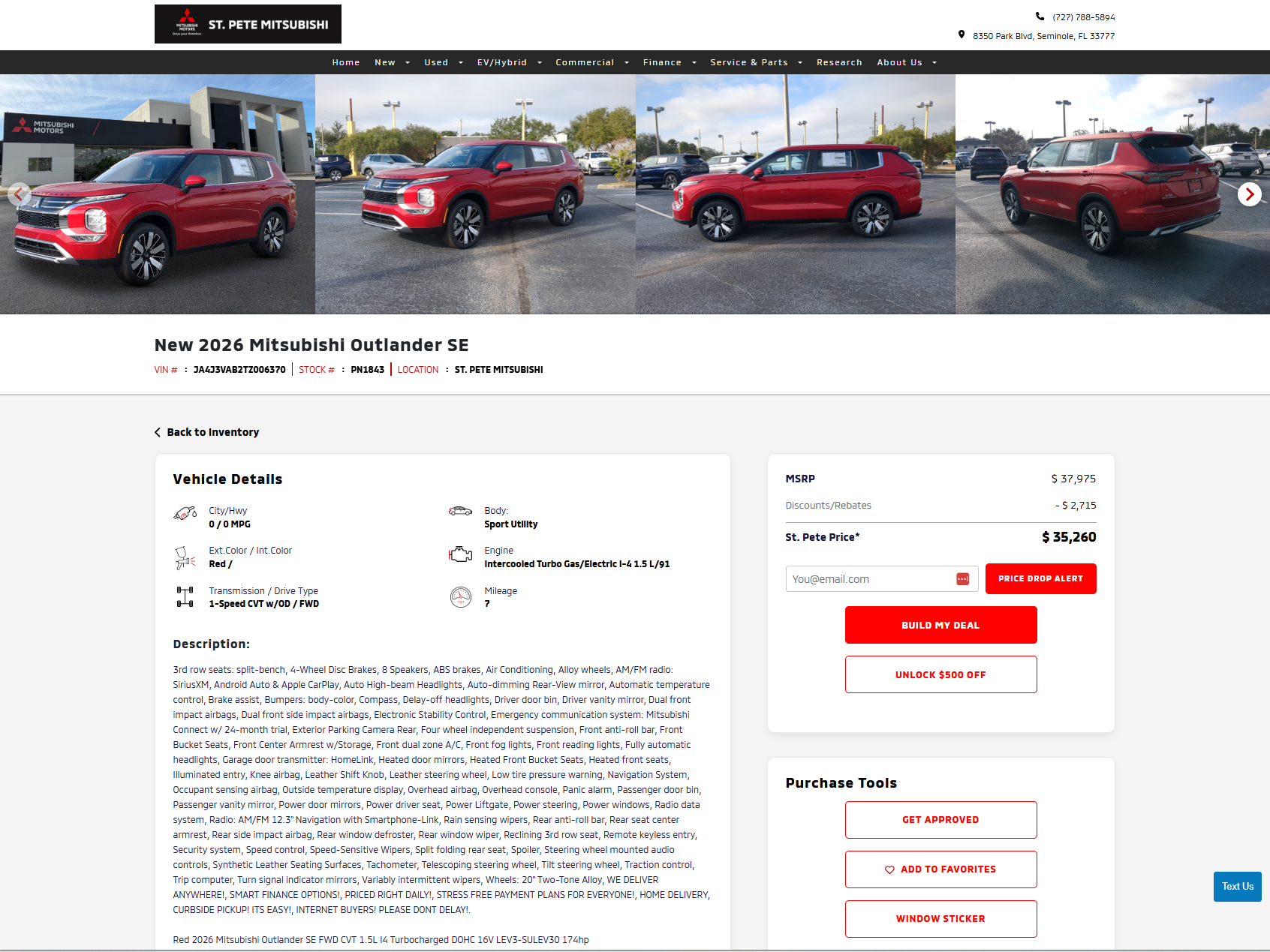 Vehicle detail page for a 2026 Mitsubishi Outlander SE with full specs and pricing