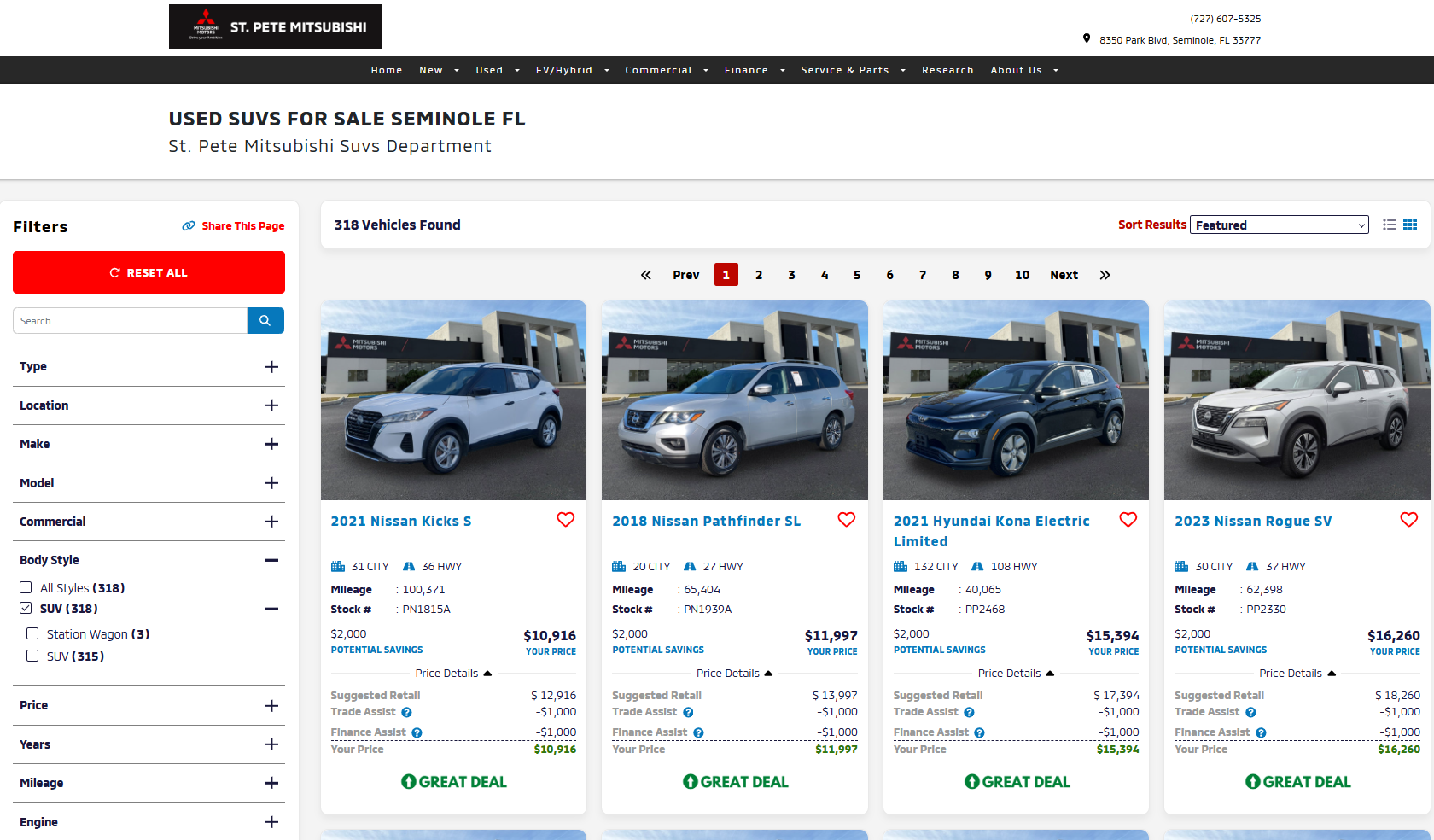 Used SUV inventory page with detailed listings and pricing