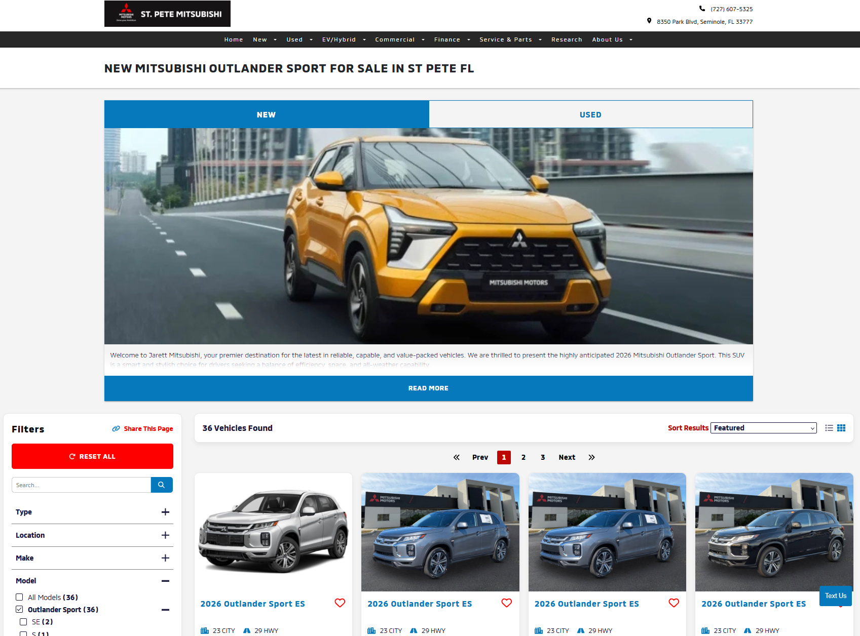 Mitsubishi Outlander Sport model page with new and used toggle