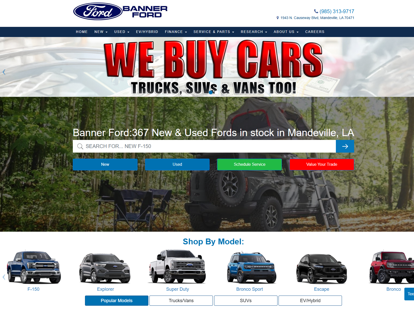 Banner Ford homepage in Mandeville LA featuring Shop By Model section and F-150 inventory