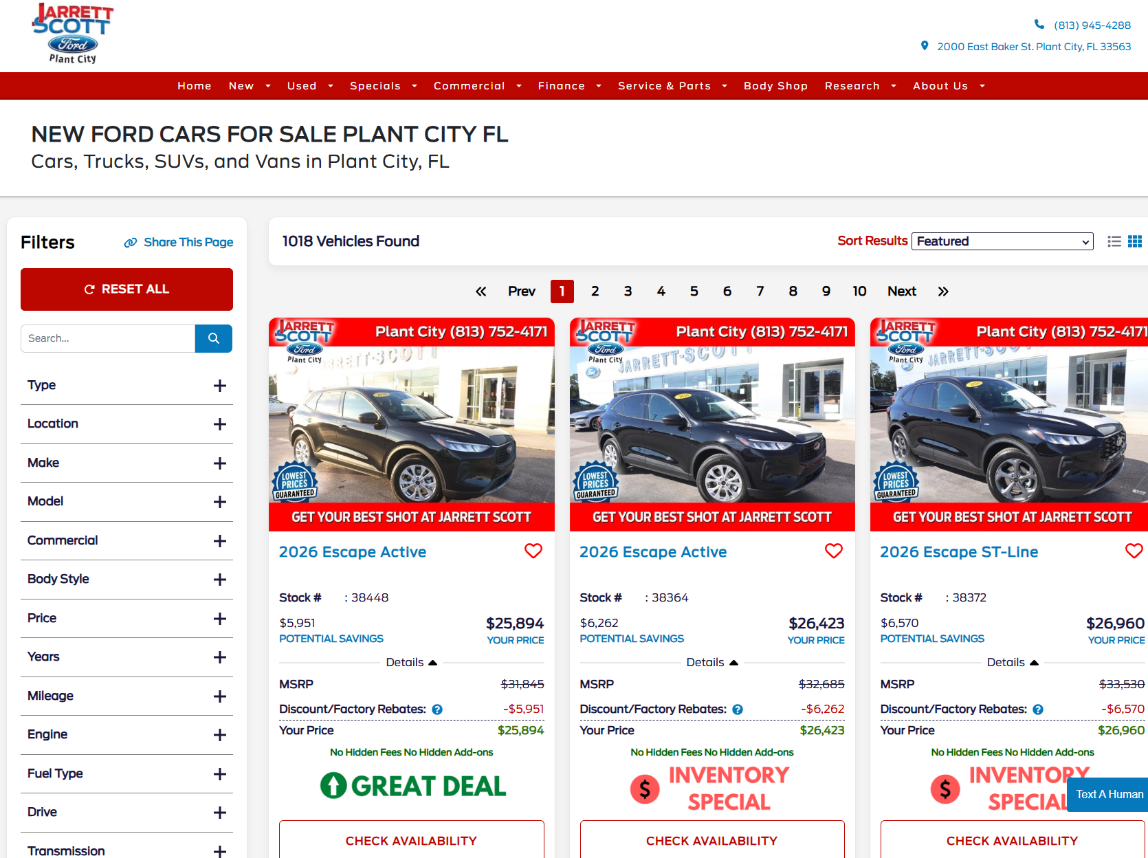 Jarrett Scott Ford new inventory page showing 2026 Escape listings with pricing