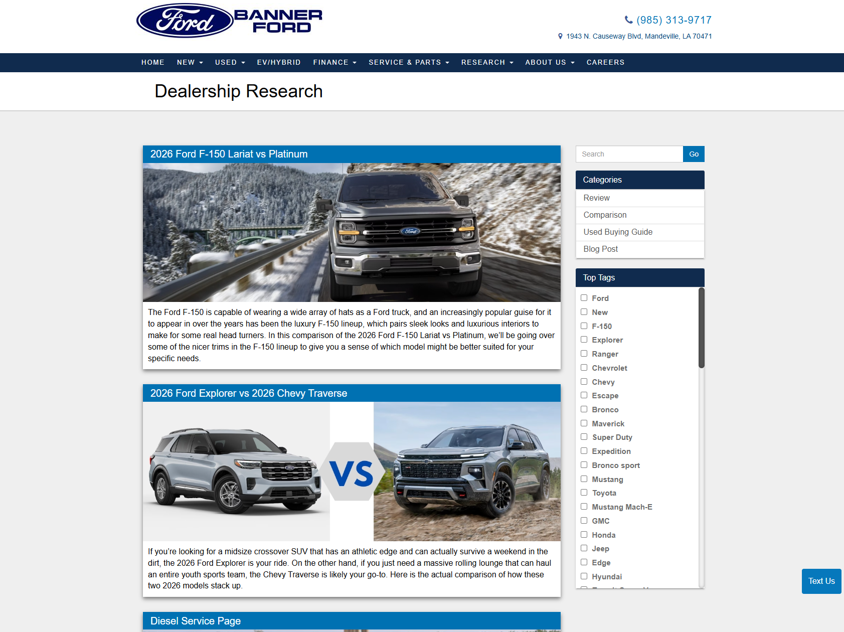Banner Ford dealership research and blog page with F-150 and Explorer comparisons