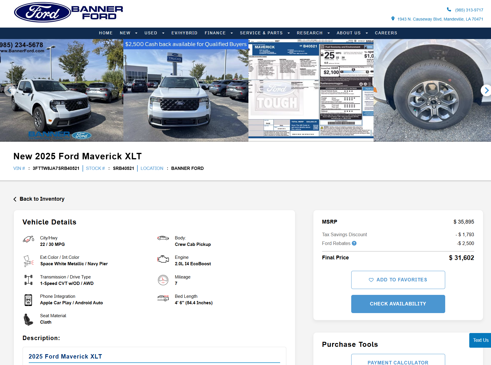 Banner Ford vehicle detail page for 2025 Ford Maverick XLT with specs and pricing