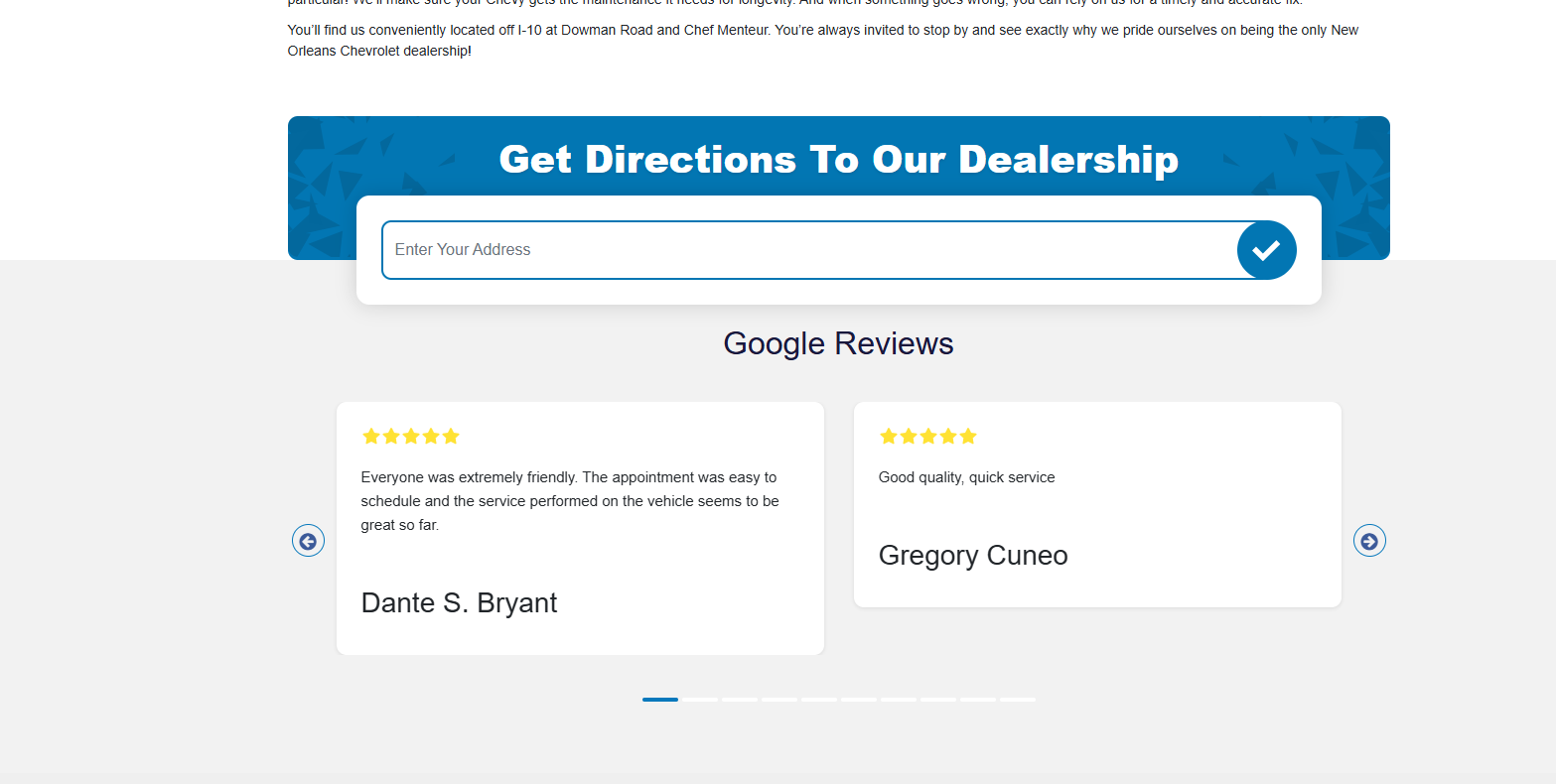 Google Reviews section showing 5-star customer testimonials for Banner Chevrolet