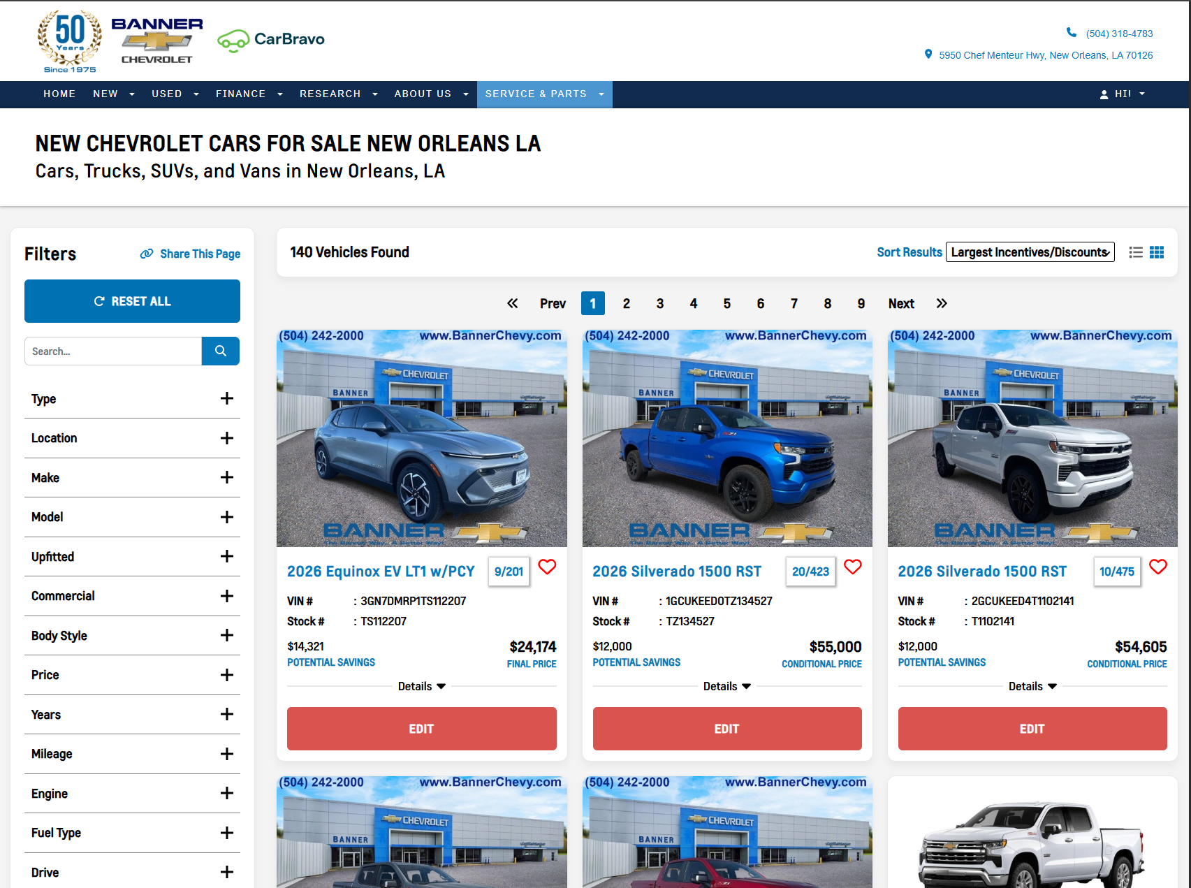 Banner Chevrolet new inventory page showing Equinox EV and Silverado listings with pricing