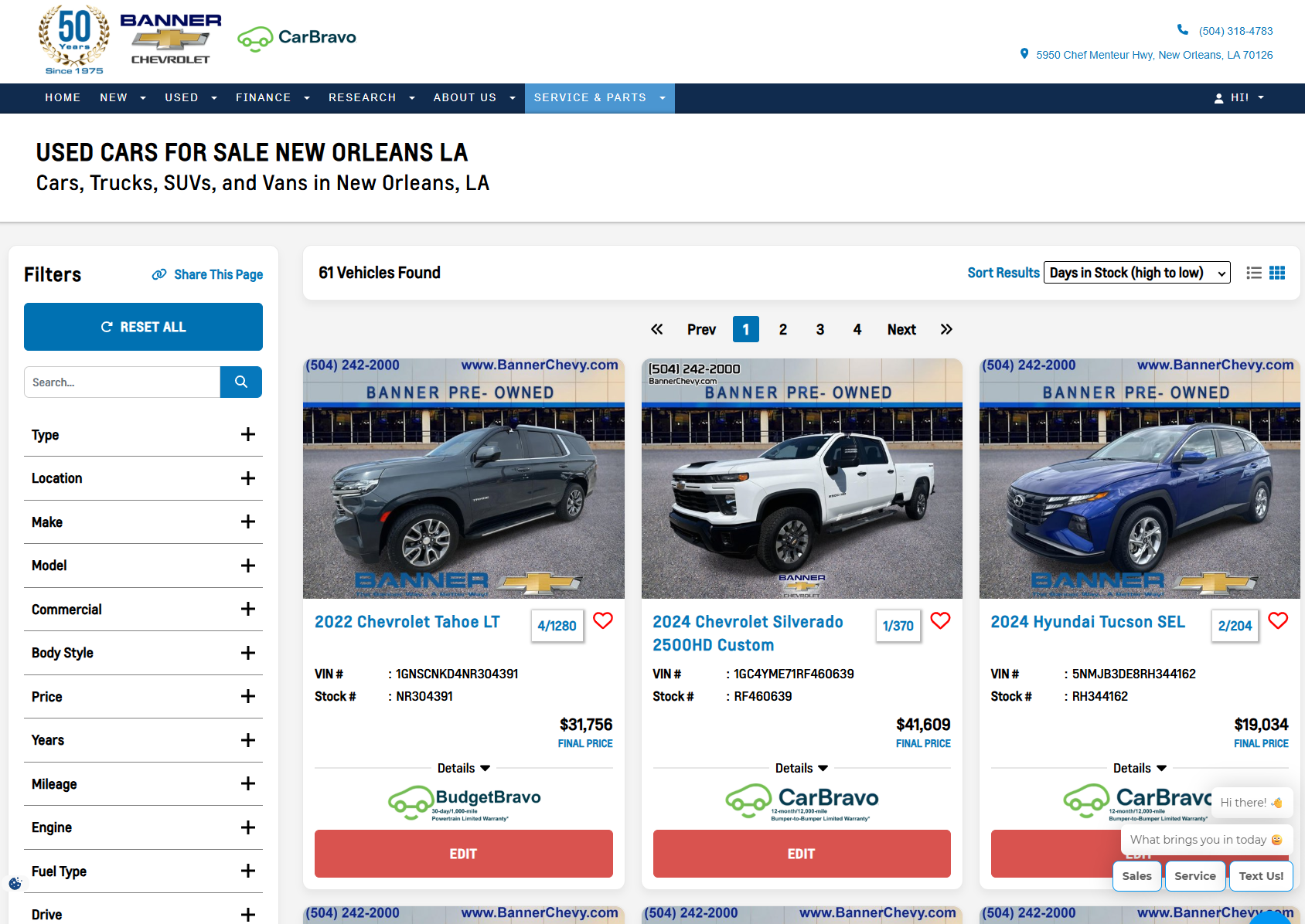 Banner Chevrolet used inventory page with Tahoe and Silverado HD listings