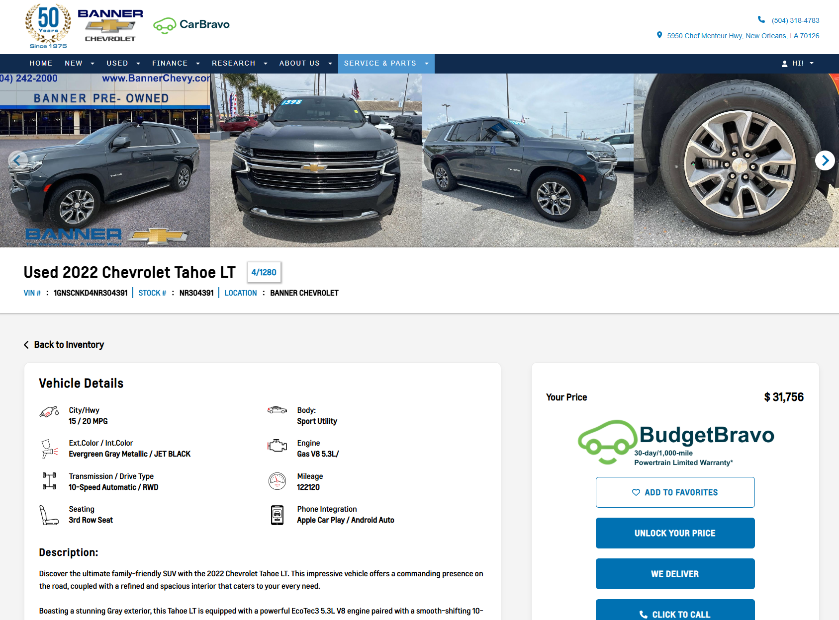 Vehicle detail page for a used 2022 Chevrolet Tahoe LT with BudgetBravo warranty