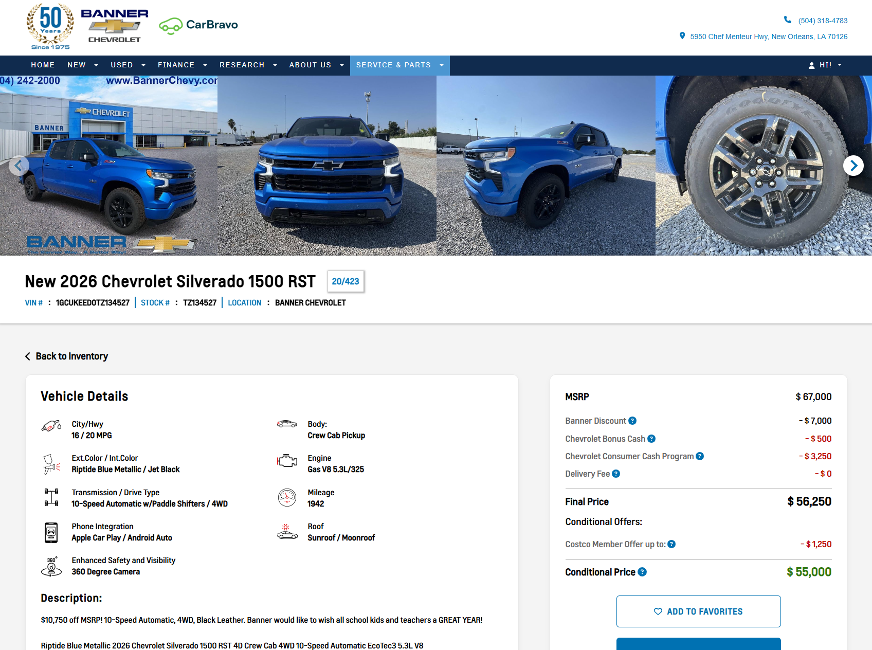 Vehicle detail page for a 2026 Chevrolet Silverado 1500 RST with full specs and pricing breakdown