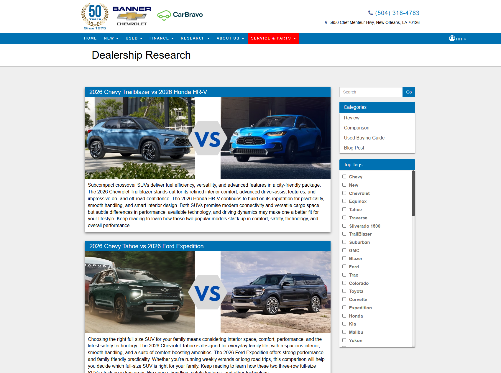 Banner Chevrolet dealership research page with Trailblazer vs HR-V and Tahoe vs Expedition comparisons