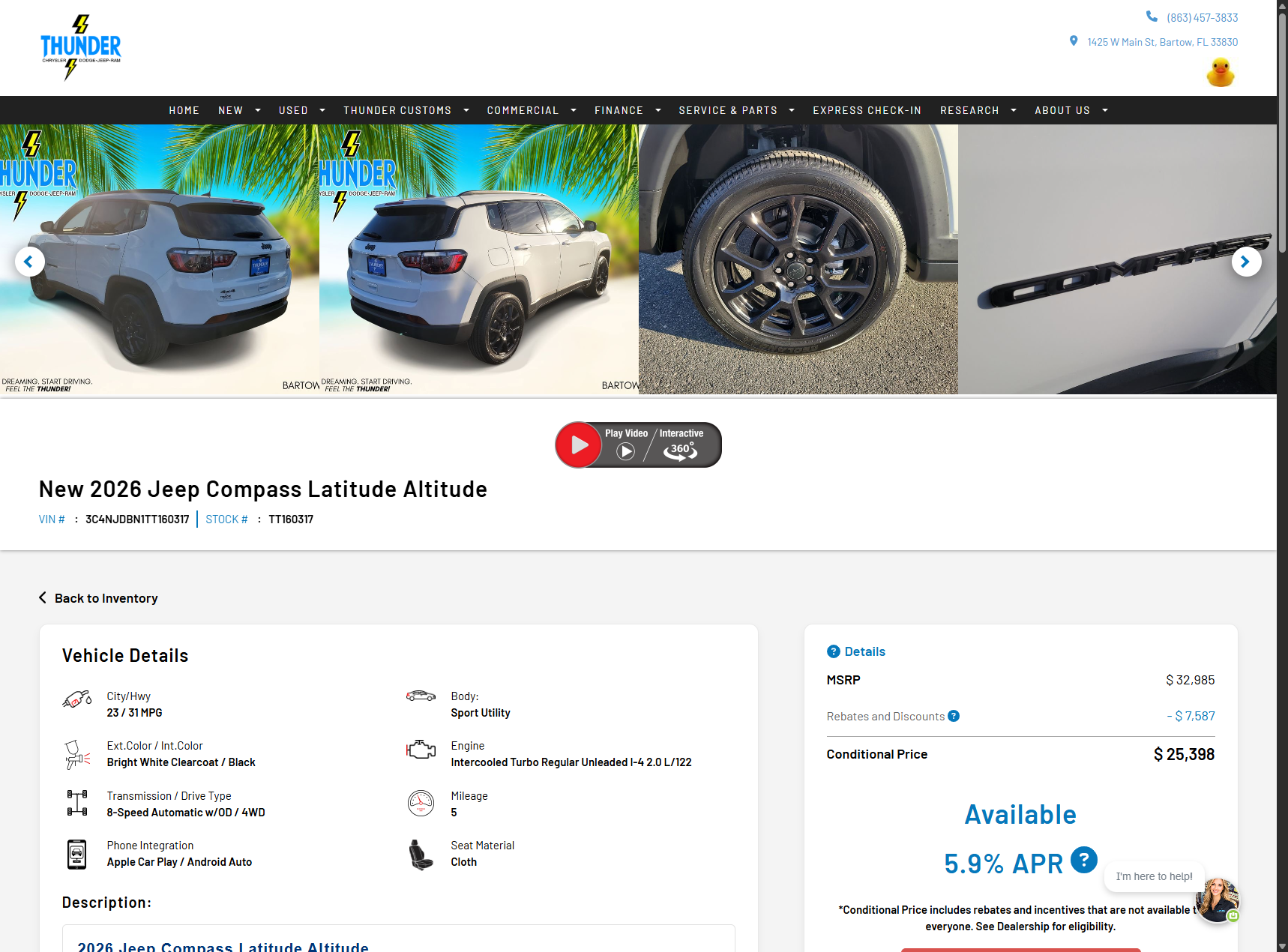 Vehicle detail page for a 2026 Jeep Compass Latitude Altitude with full specs and pricing breakdown