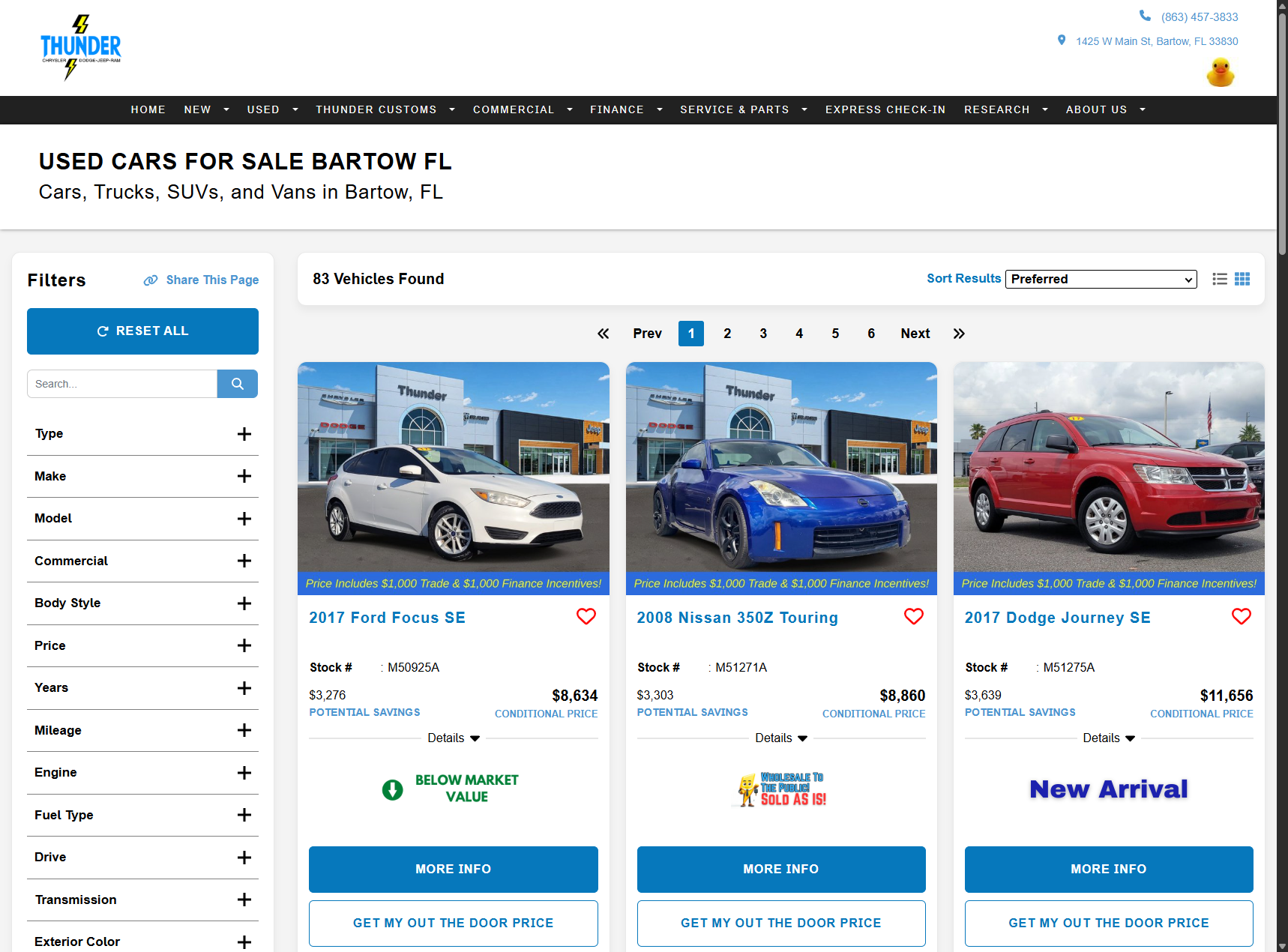 Thunder CDJR used inventory page with Ford Focus, Nissan 350Z, and Dodge Journey listings