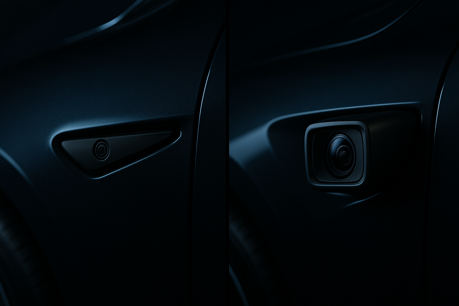 Front-fender camera comparison: a small, thin, flush camera (old HW2) beside a larger, boxier, protruding camera (newer HW3/HW4)